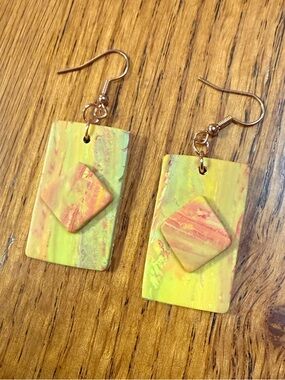 Handcrafted Green and Pink Rectangular Drop Earrings